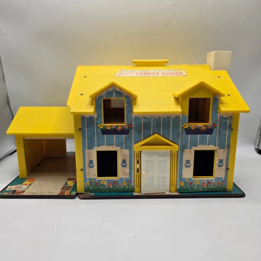 Fisher Price Play Family House 952 Vintage Blue Yellow Dollhouse Working Bell